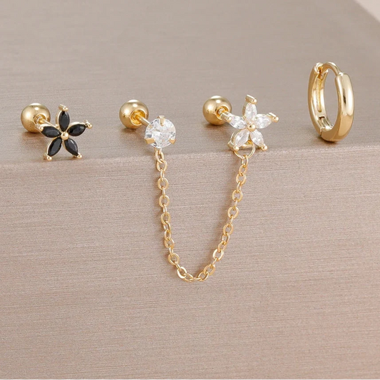 3PCS Zircon Flower Ear Stud Earrings