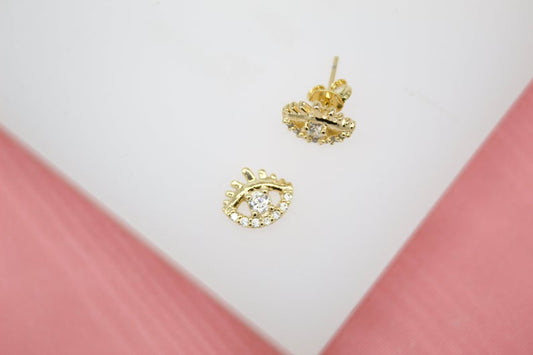 18K Gold Filled Evil Eye Stud Earrings With Clear CZ Stones