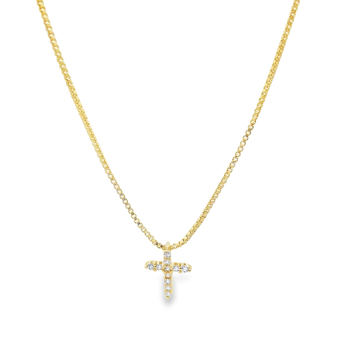 Dainty CZ Pave Cross Pendant Box Chain Necklace
