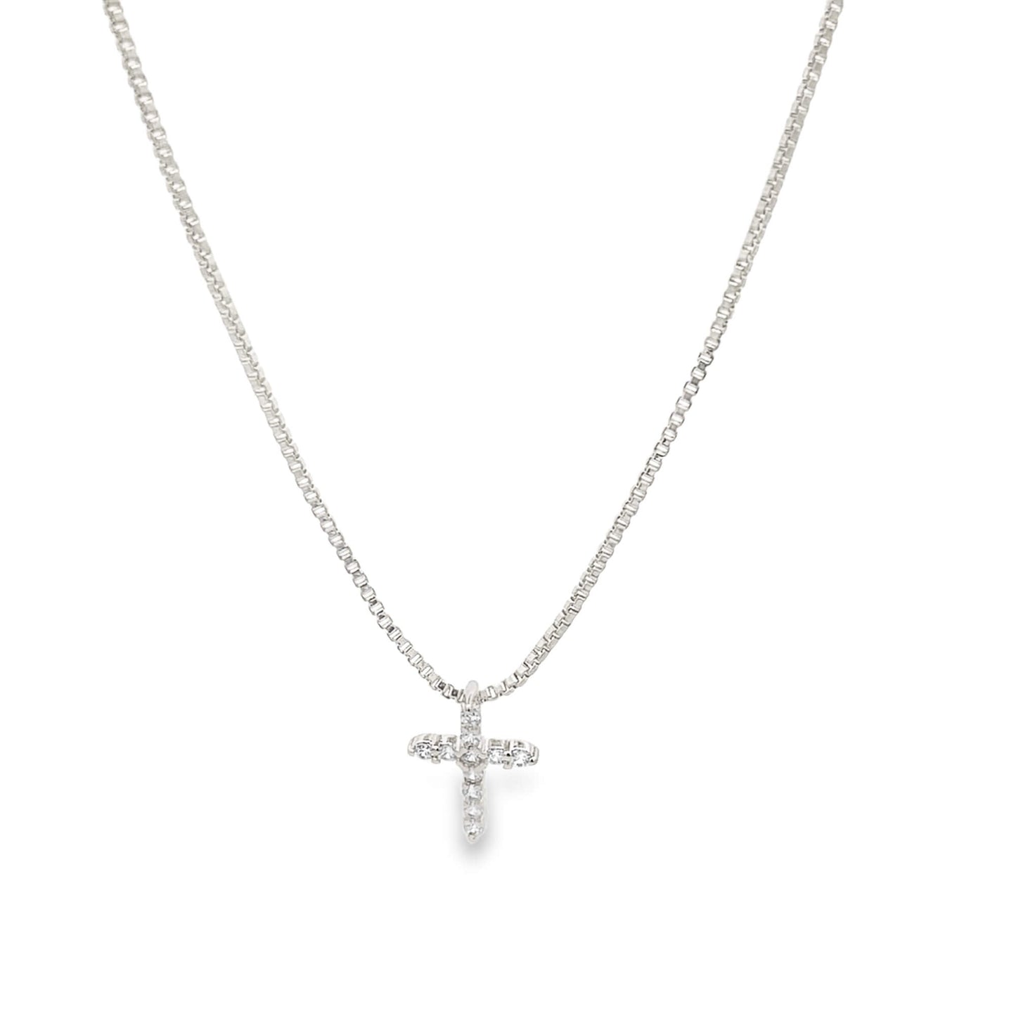 Dainty CZ Pave Cross Pendant Box Chain Necklace