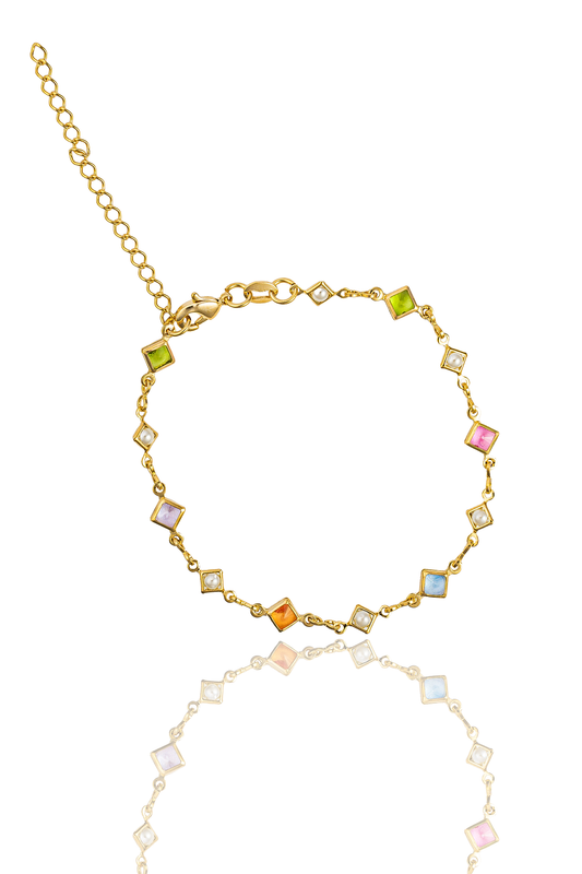 Diamond Frame Pearl and Enamel Stone Infinity Link Bracelet