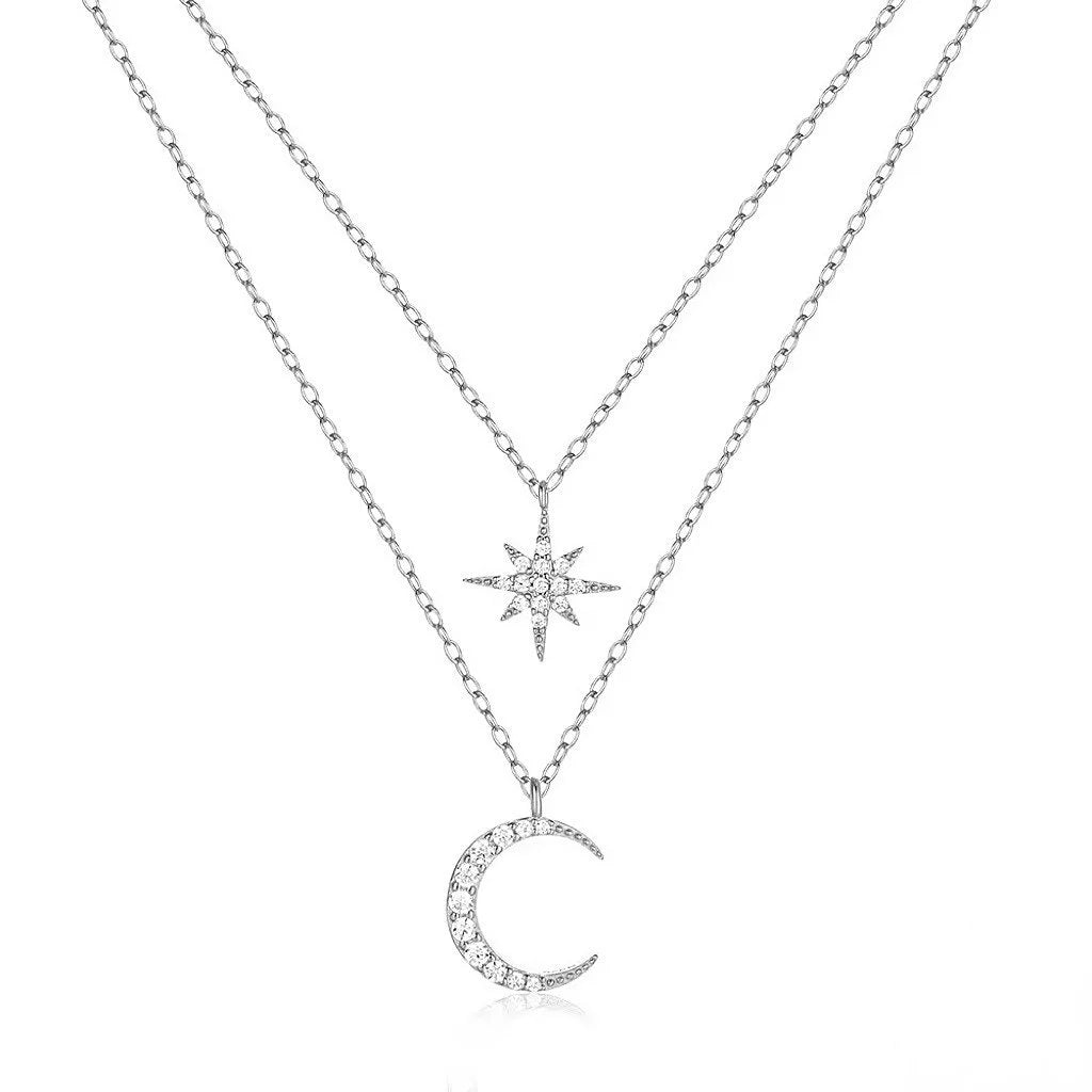 925 Sterling Silver Star & Moon Necklace  Double Layer Celestial Pendant