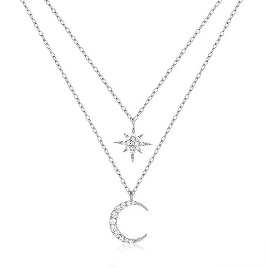 925 Sterling Silver Star & Moon Necklace  Double Layer Celestial Pendant
