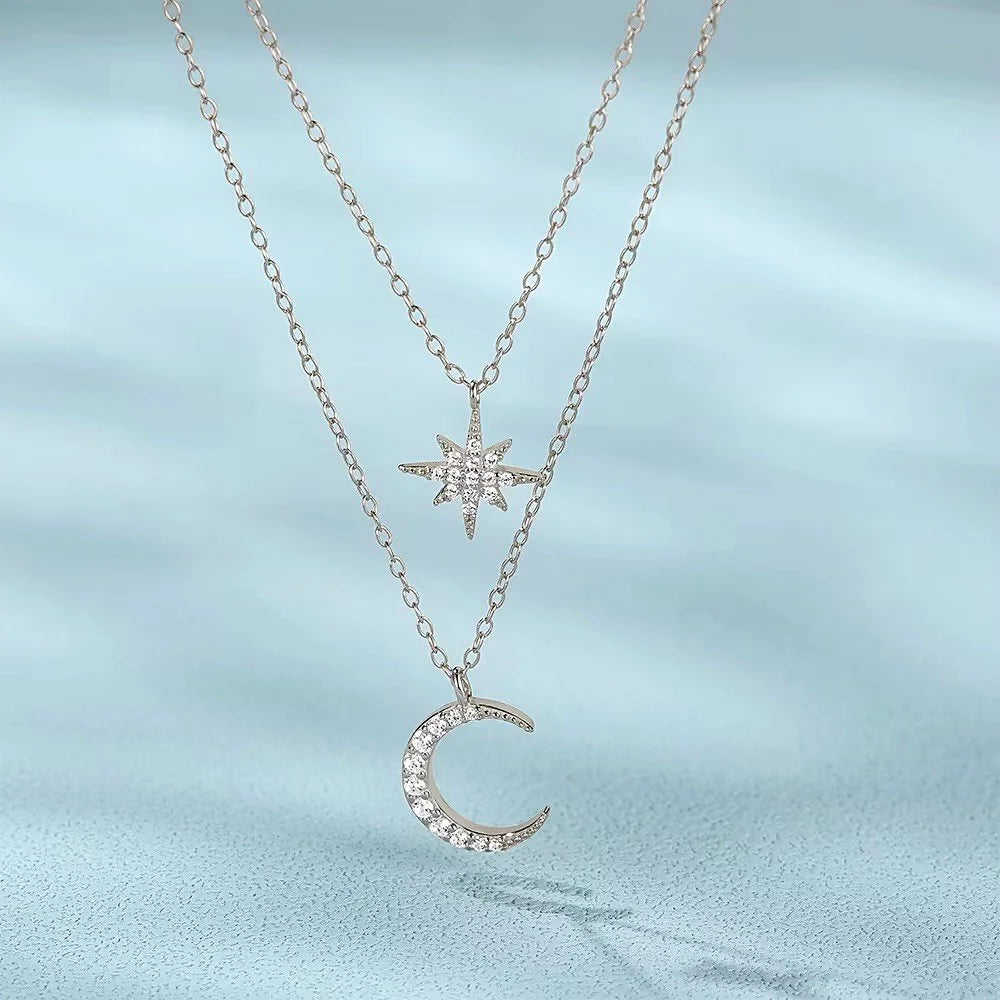 925 Sterling Silver Star & Moon Necklace  Double Layer Celestial Pendant