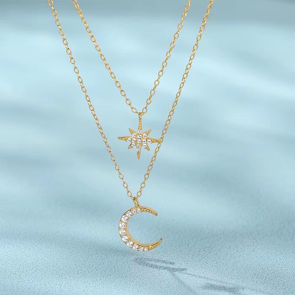Gold Star & Moon Double Layer Necklace – 925 Sterling Silver Celestial Pendant