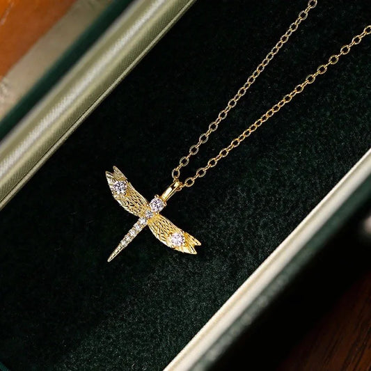 18K Gold Plated 925 Sterling Silver Elegant Dragonfly Necklace