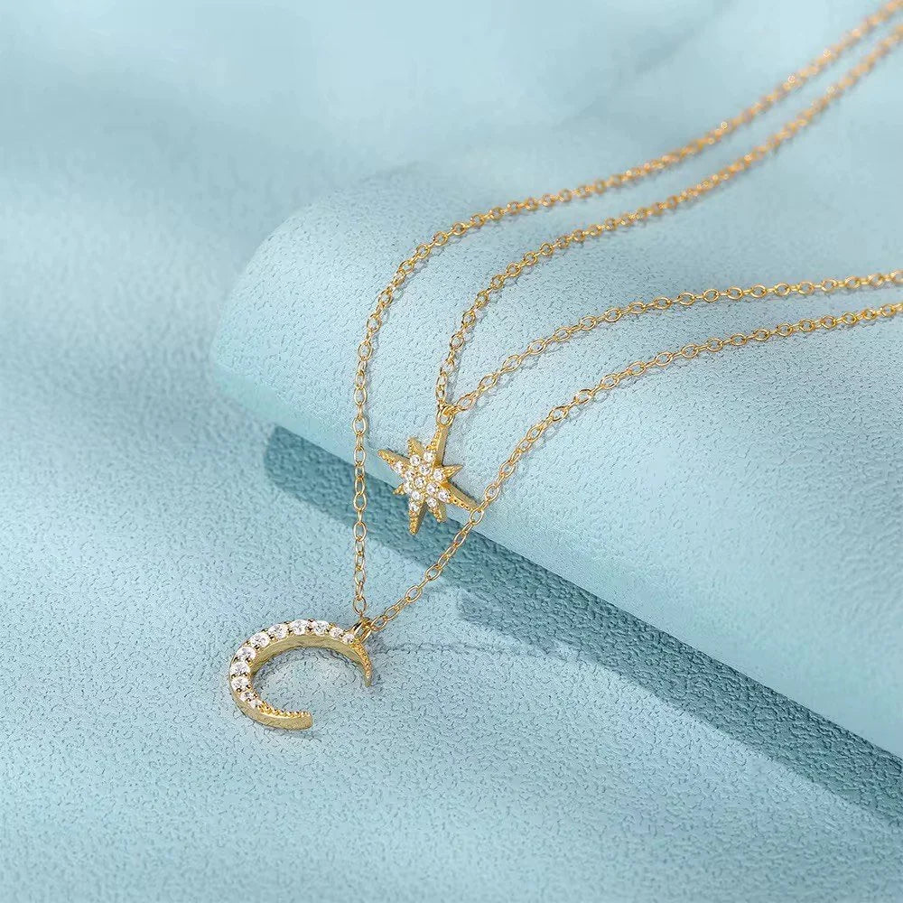 Gold Star & Moon Double Layer Necklace – 925 Sterling Silver Celestial Pendant