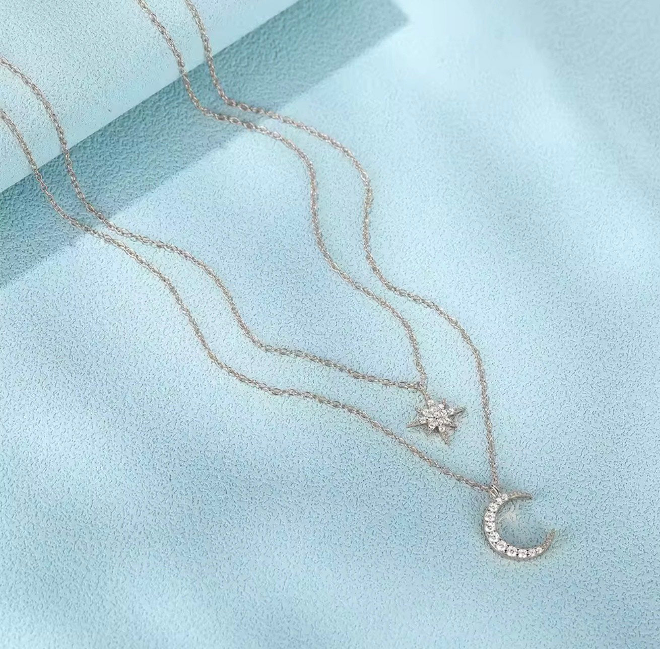 925 Sterling Silver Star & Moon Necklace  Double Layer Celestial Pendant