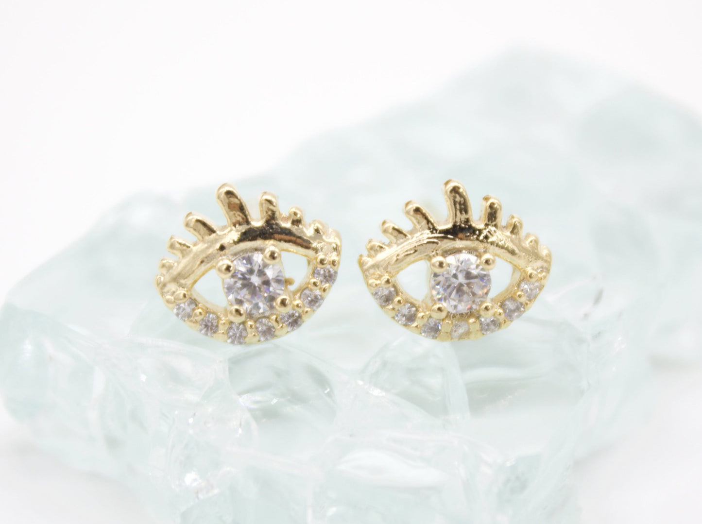 18K Gold Filled Evil Eye Stud Earrings With Clear CZ Stones