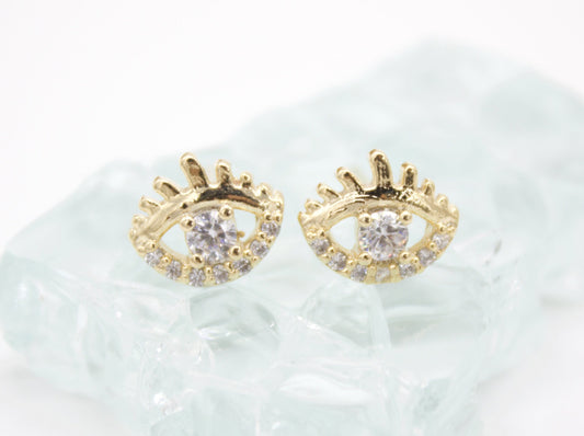 18K Gold Filled Evil Eye Stud Earrings With Clear CZ Stones