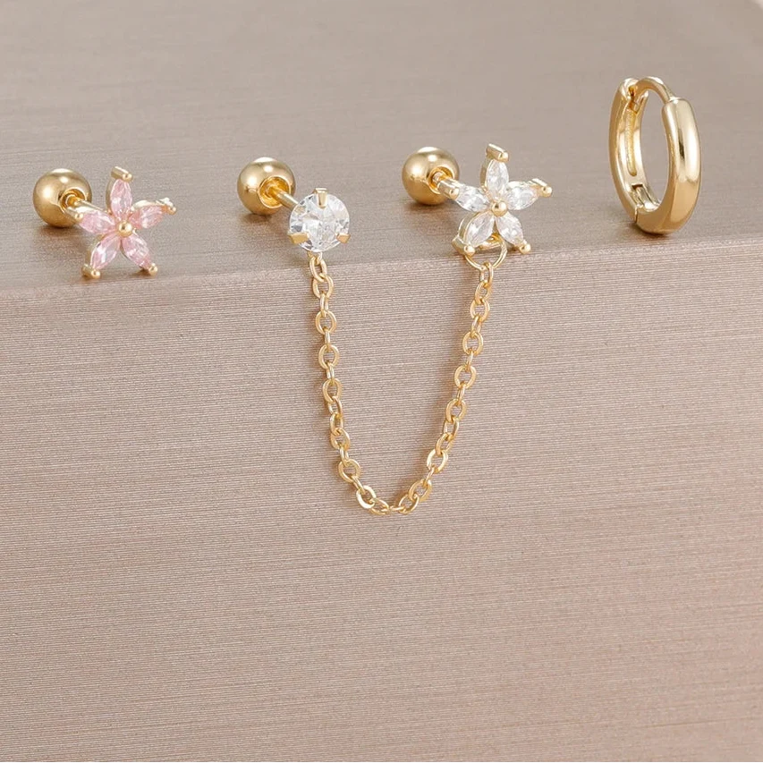 3PCS Zircon Flower Ear Stud Earrings