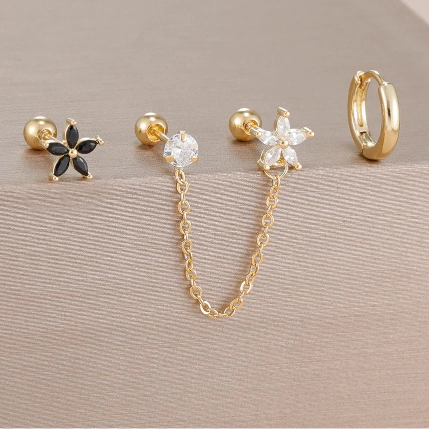 3PCS Zircon Flower Ear Stud Earrings