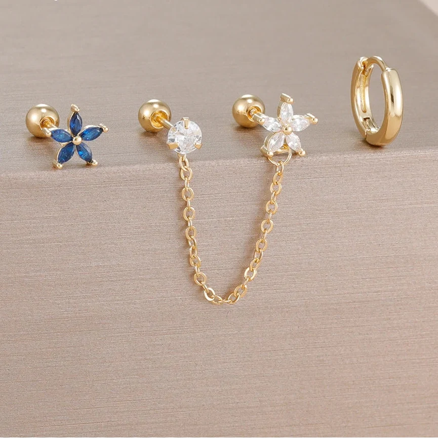 3PCS Zircon Flower Ear Stud Earrings