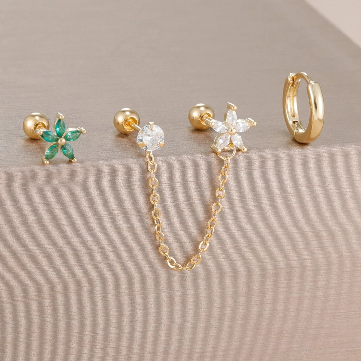 3PCS Zircon Flower Ear Stud Earrings