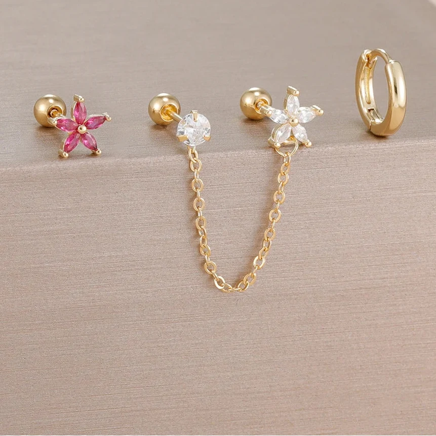 3PCS Zircon Flower Ear Stud Earrings