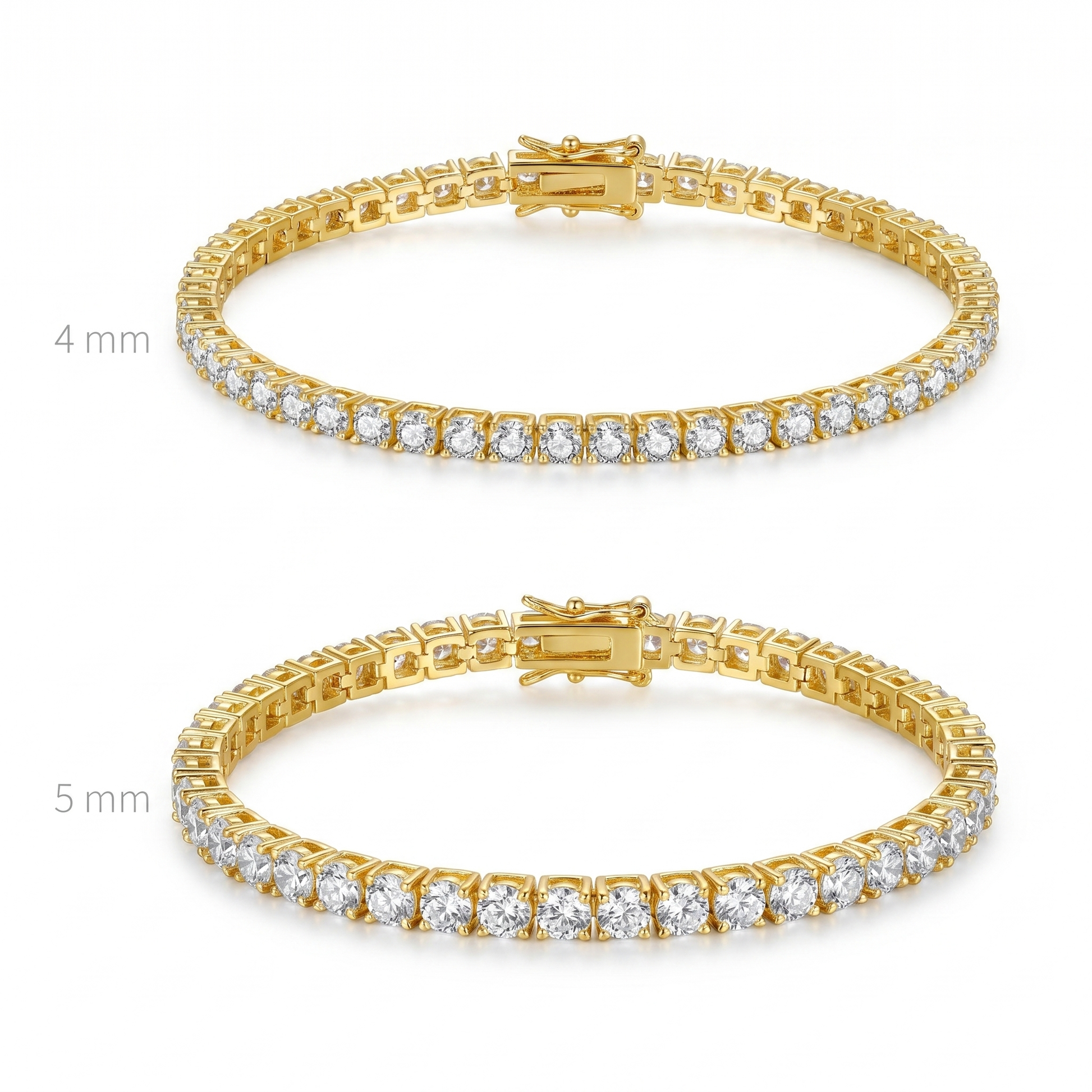 Comparison of gold plated tennis bracelets in 4 mm and 5 mm widths