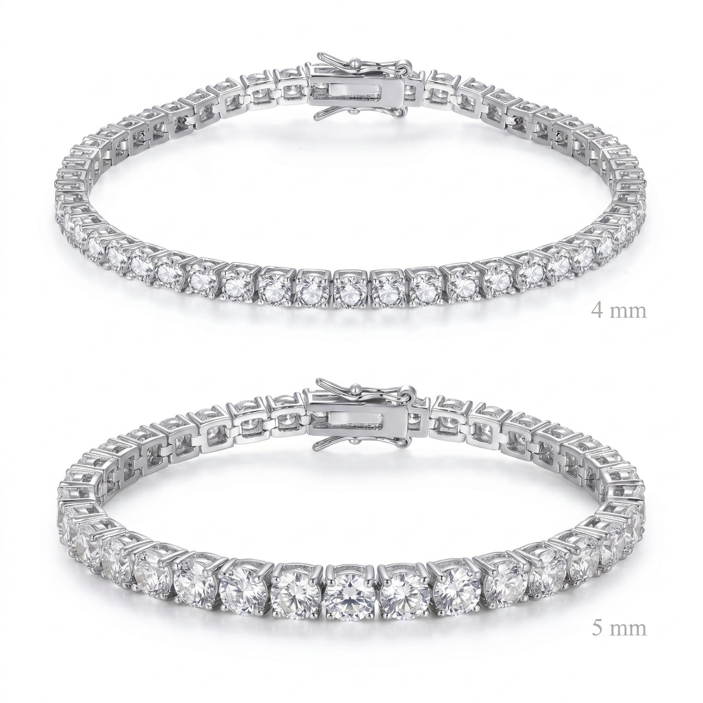 Comparison of silver plated tennis bracelets in 4 mm and 5 mm widths