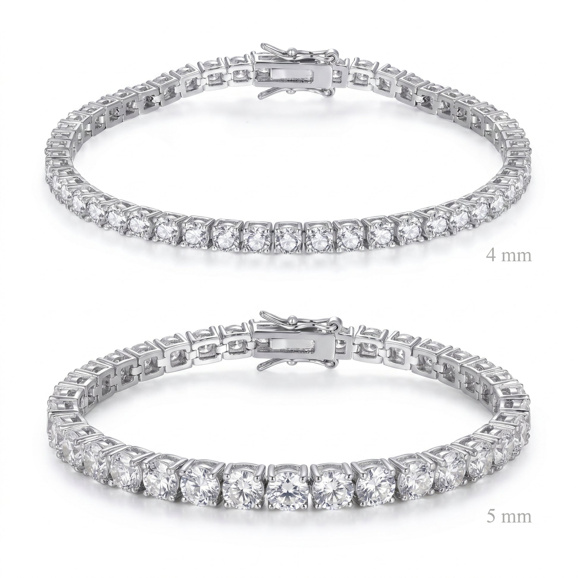 Comparison of silver plated tennis bracelets in 4 mm and 5 mm widths