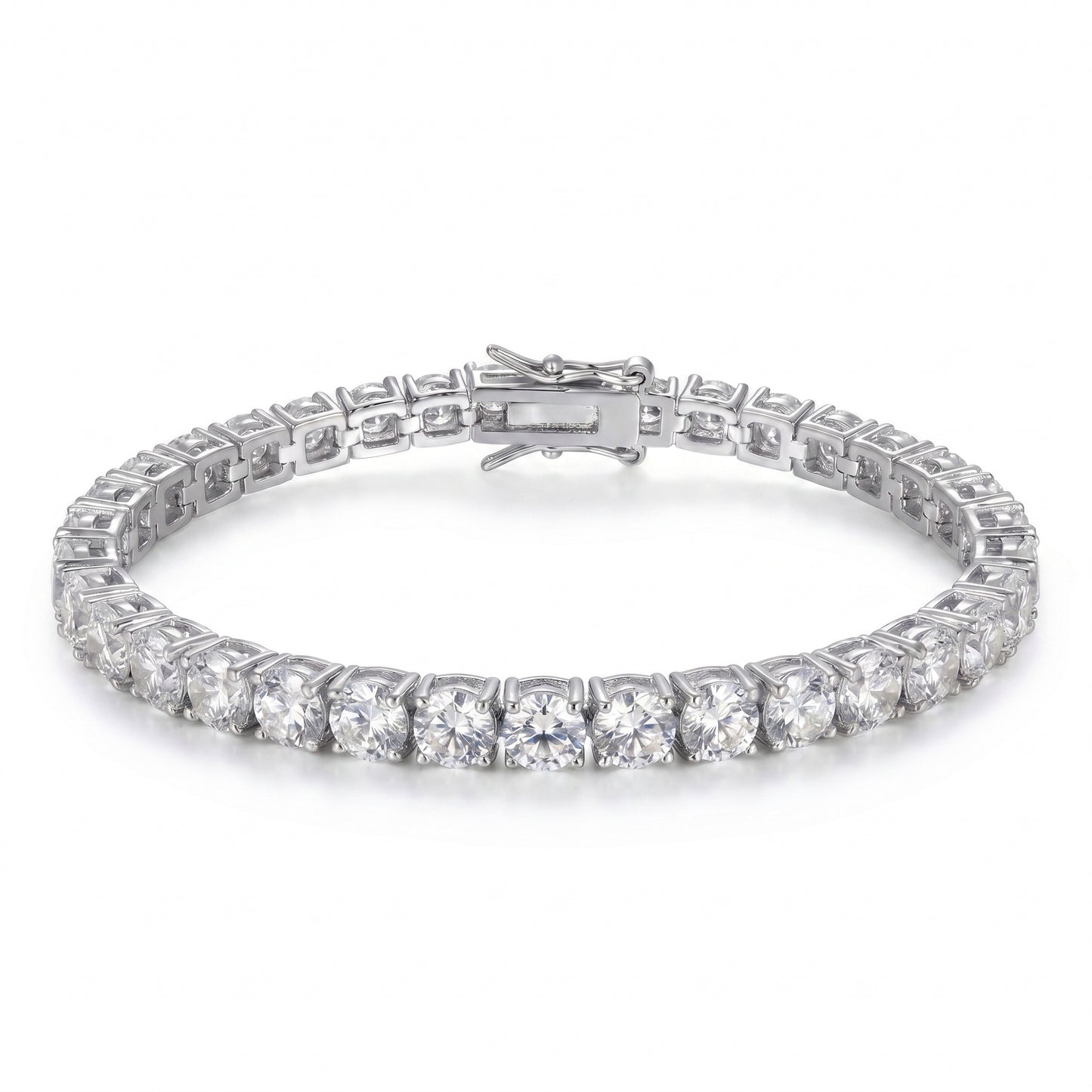 Close up of silver plated tennis bracelet with cubic zirconia stones