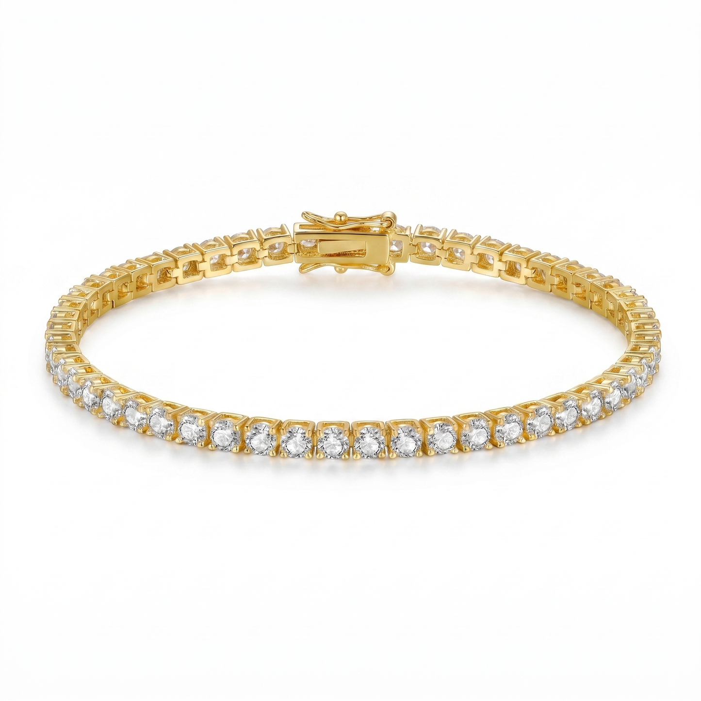 Side profile of gold plated tennis bracelet with AAA cubic zirconia