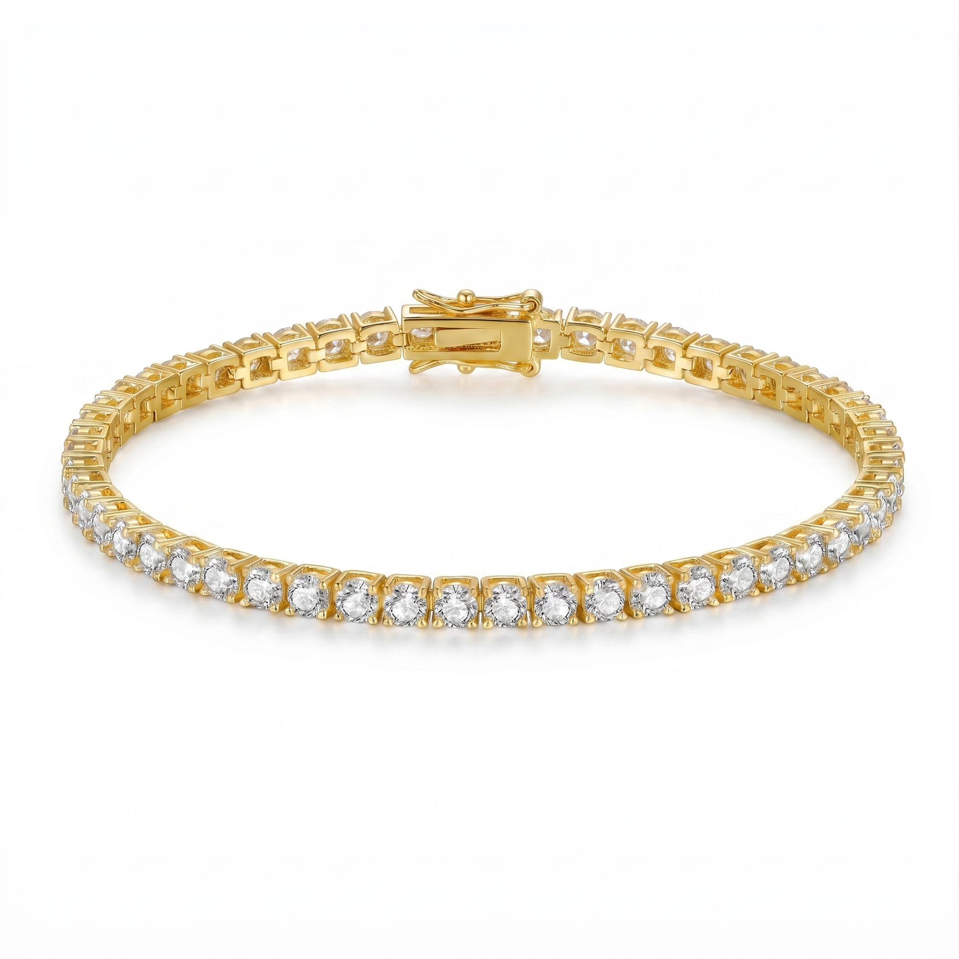 Side profile of gold plated tennis bracelet with AAA cubic zirconia