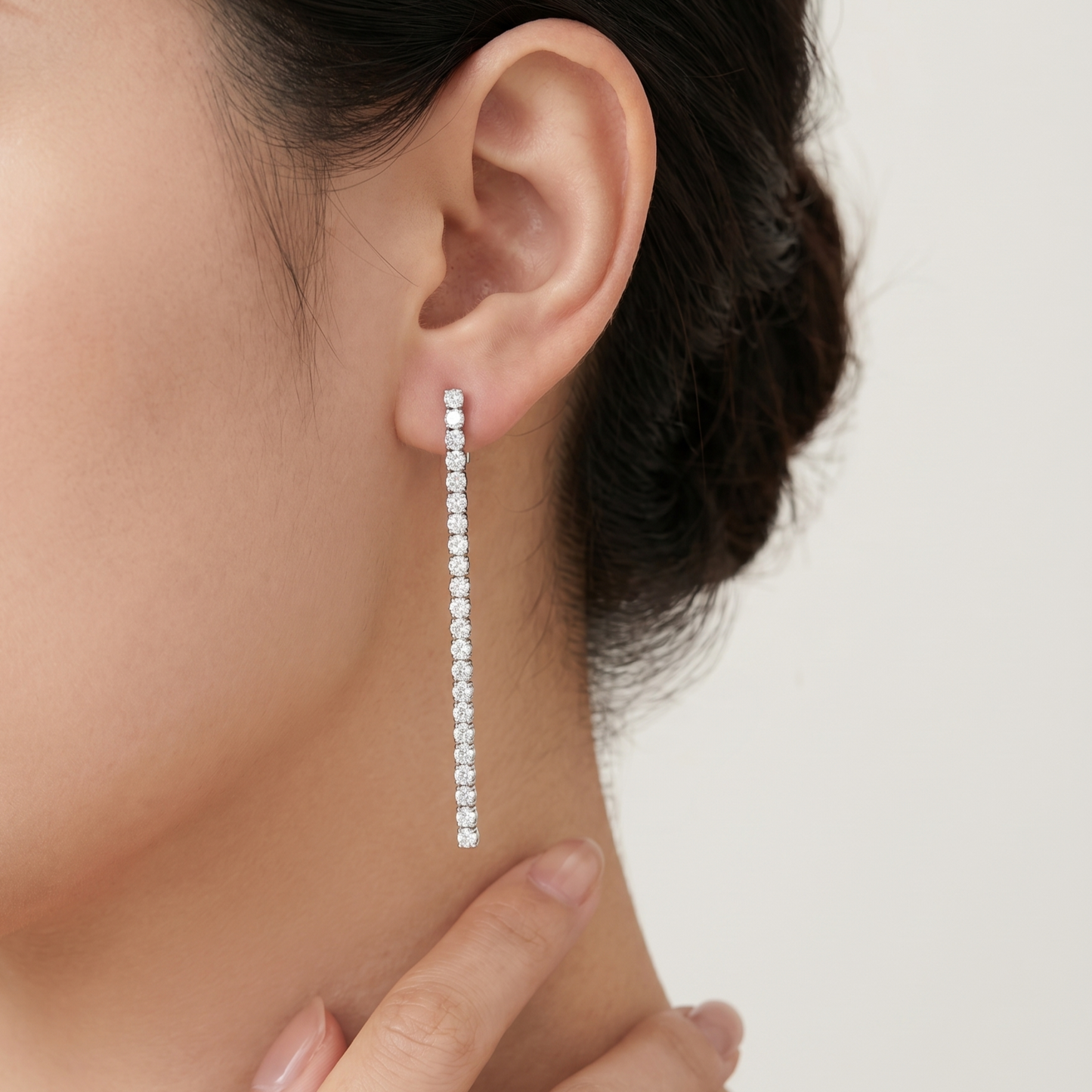 Elegant Long Dangle Tennis Earrings in 925 Sterling Silver Worn by Model
