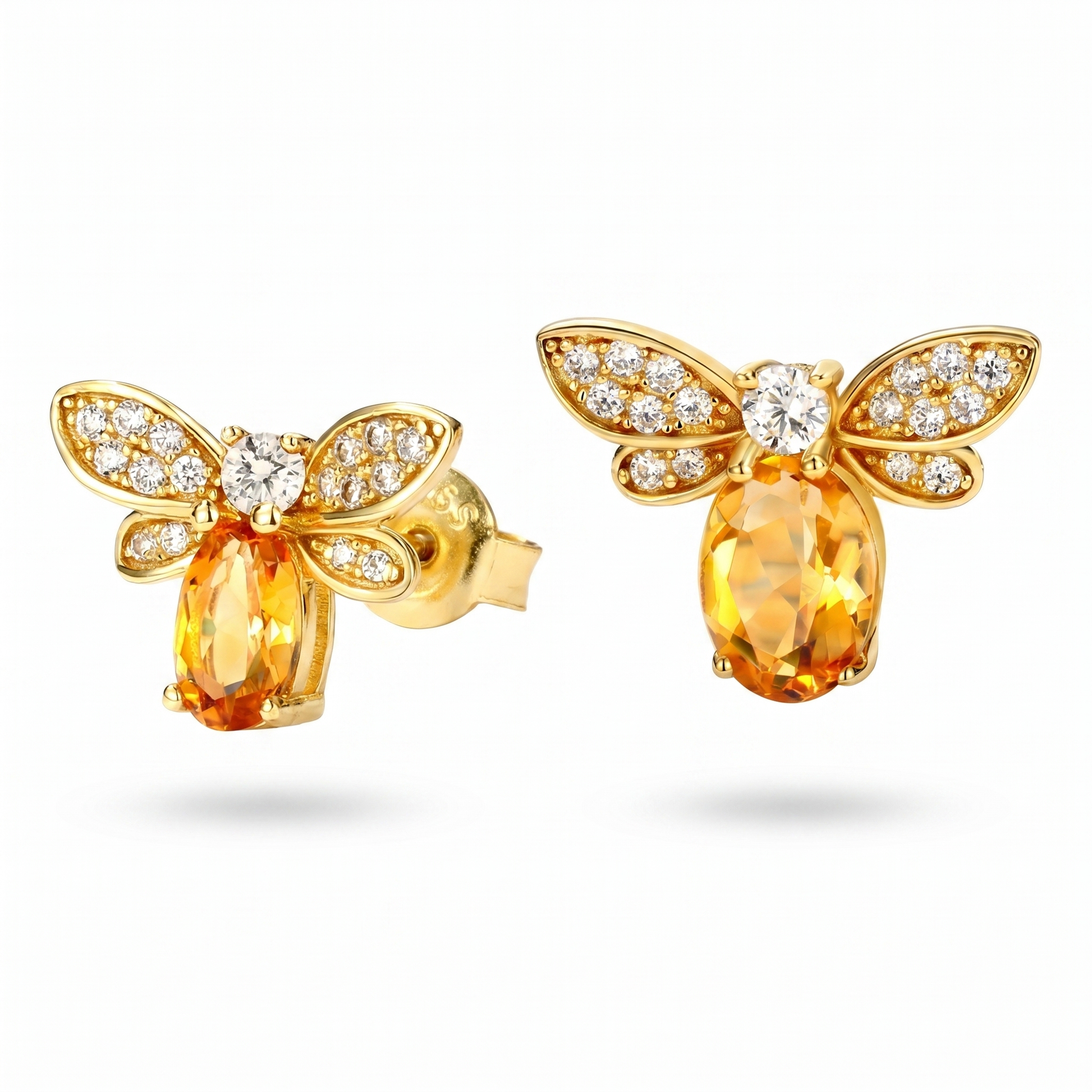Gold Honey Bee Stud Earrings in 18K Gold Plated 925 Sterling Silver with Citrine and Cubic Zirconia