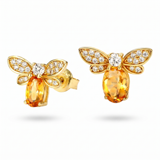 Gold Honey Bee Stud Earrings in 18K Gold Plated 925 Sterling Silver with Citrine and Cubic Zirconia