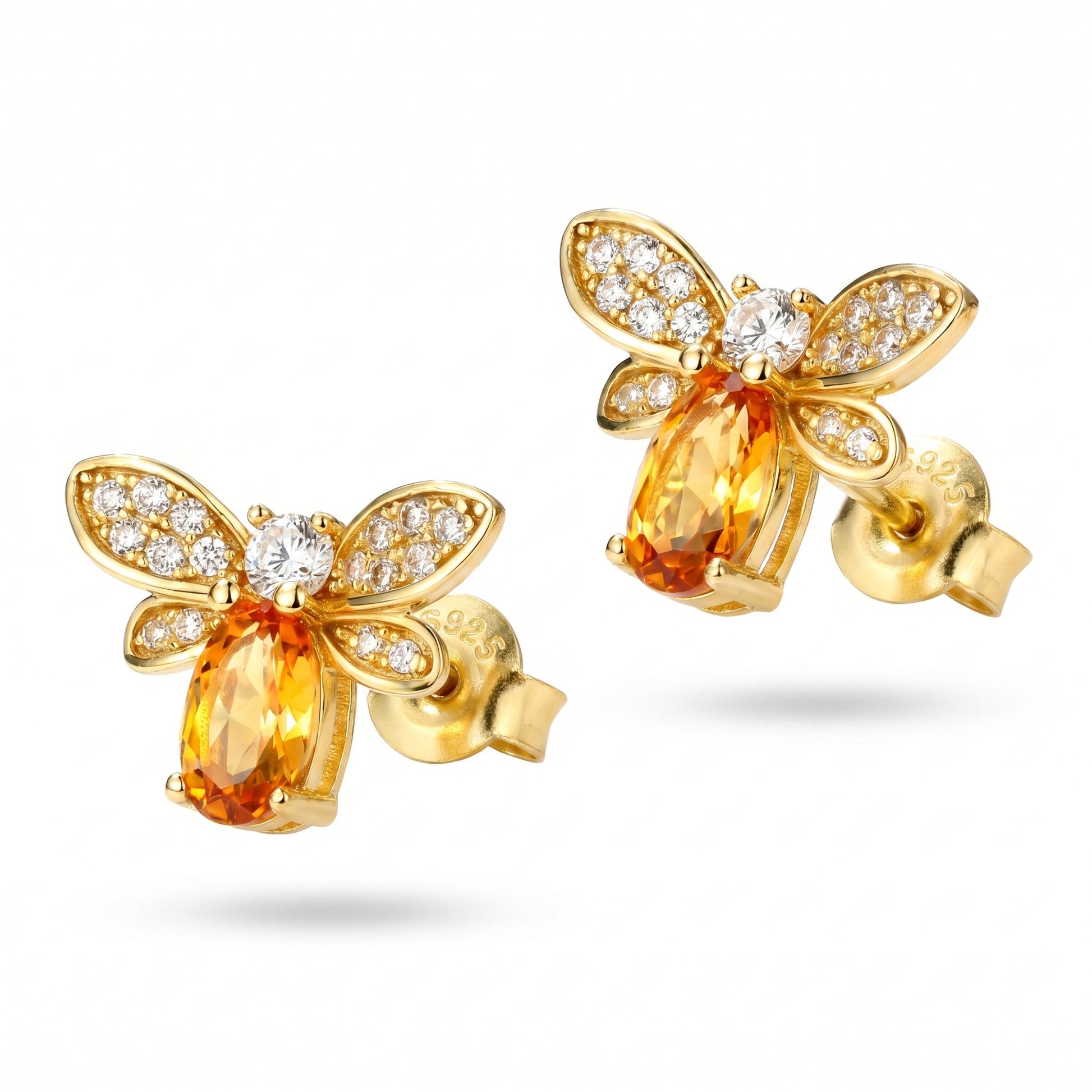 Luxury Honey Bee Earrings with Sparkling Citrine Crystal and Zirconia Stones in Sterling Silver