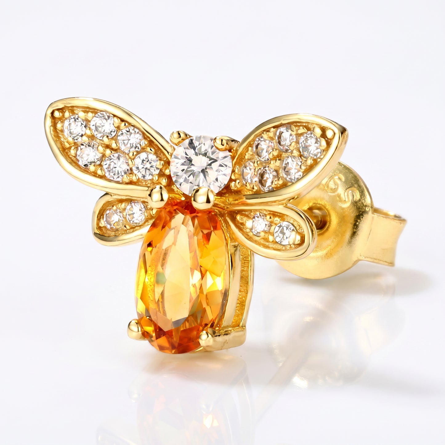 Close Up Gold Honey Bee Stud Earrings for Women with Citrine Gemstone and Crystal Details
