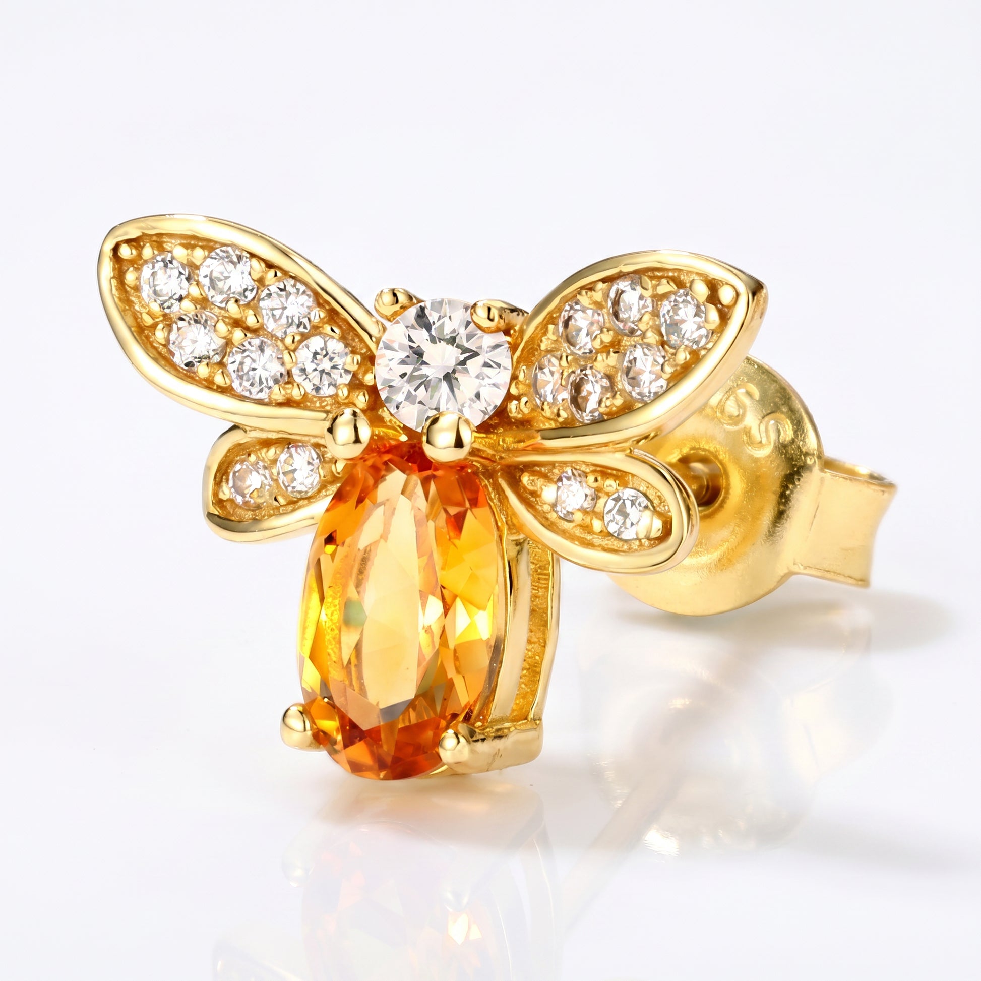 Close Up Gold Honey Bee Stud Earrings for Women with Citrine Gemstone and Crystal Details