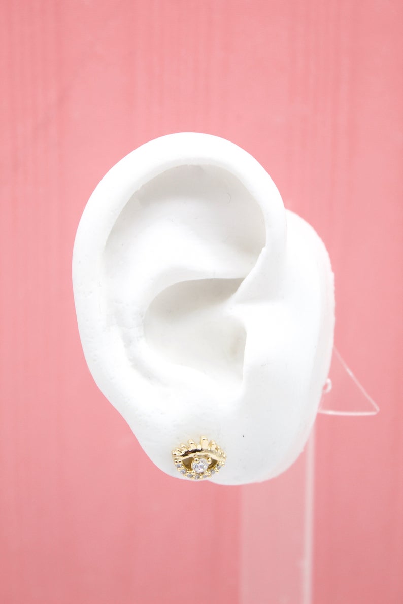 18K Gold Filled Evil Eye Stud Earrings With Clear CZ Stones